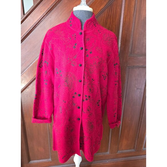 Carole Little Red Wool Embroidered Floral Coat L - Picture 1 of 7